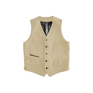 Gilet en laine mélangée beige à chevrons pour homme, col en V, simple boutonnage, avec fermeture boutonnée, idéal pour costumes et tenues d'automne - Product Image 1