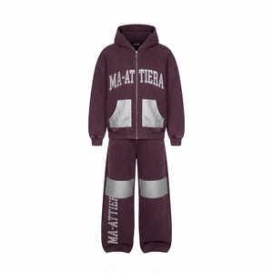 Men Burgundy Gray <b>Zip</b> Up <b>Hoodie</b> Wide Leg Pants Set Contrast <b>Pocket</b> Panel Rhinestone Detail Streetwear Tracksuit Custom OEM ODM - Product Image 3