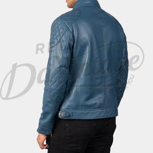 Veste en cuir bleu ardoise pour homme, matelassée losanges aux épaules, en véritable peau de mouton, coupe ajustée, automne-hiver, style décontracté, veste de motard - Product Image 2