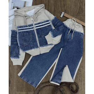 ชุดเซ็ตฮู้ดดี้ผ้าเดนิมขอบดิบแบบผสมผสานและกางเกงจ็อกเกอร์ขากว้าง - Product Image 3