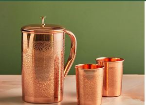 Ensemble de carafes en cuivre avec finition polie miroir, surface brillante, ensemble de service d'eau en métal avec verres, durable, réutilisable, pour cuisine et salle à manger. - Product Image 5