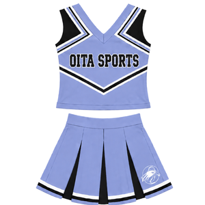 Ensemble d'uniforme de cheerleading bleu périvinkle, noir et blanc, avec crop top sans manches à col en V et jupe plissée, pour la danse et les spectacles - Product Image 1