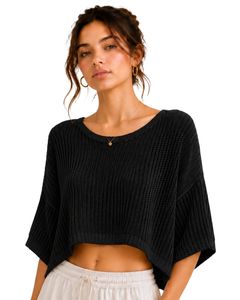 Pull court tricoté noir pour femme, coupe ample, manches courtes, léger et respirant, idéal pour l'été, style décontracté et tendance - Product Image 1