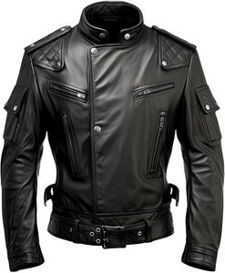 Men's Black Genuine Leather <b>Jacket</b> Stand Collar Moto Biker Style Windproof <b>Zipper</b> Closure <b>Pockets</b> Winter Wear - Product Image 3