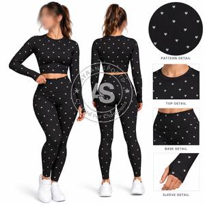 Conjunto de yoga de 2 piezas para mujer, estampado floral, top corto de manga larga, cintura alta, leggings largos, ropa deportiva - Product Image 3