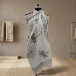 White Hand Block Printed Cotton Sarong with Green Palm Tree Motifs Lightweight Indian <b>Beach</b> <b>Wrap</b> Pareo for Women - Product Image 1