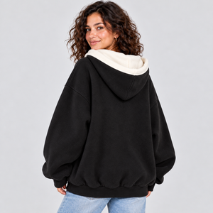 Sudadera con capucha de dos tonos personalizada con contraste, negra, con cremallera, para mujer, estilo oversize, con hombros caídos, de forro polar, estilo streetwear. - Product Image 3