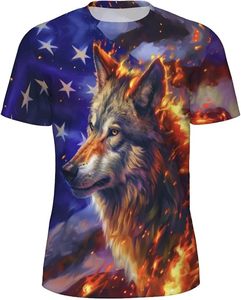 T-shirt à manches courtes pour homme avec motif flamme de loup, col rond, impression DTF, style streetwear, coupe ample, 100% coton, respectueux de l'environnement - Product Image 1
