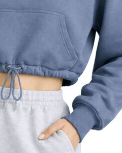 Sudadera con capucha corta de forro polar azul polvoriento con cremallera de un cuarto, bolsillo canguro, dobladillo con cordón ajustable, estilo casual urbano, cálida, para mujer - Product Image 2