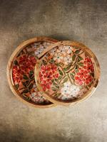 Plateau de rangement rond en bois avec motif mosaïque floral, style moderne, finition polie, sculpté, à un seul niveau, pour la cuisine ou la table