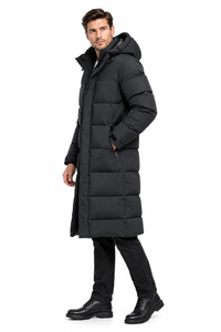 Veste d'hiver pour homme, longue, à capuche, rembourrée en polyester, imperméable, coupe-vent, noire unie, fermeture éclair décontractée - Product Image 3