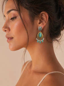 Boucles d'oreilles pendantes goutte d'eau en pierre turquoise et perles d'imitation, plaqué or antique, style bohème, pour femme, idéales pour les soirées - Product Image 2