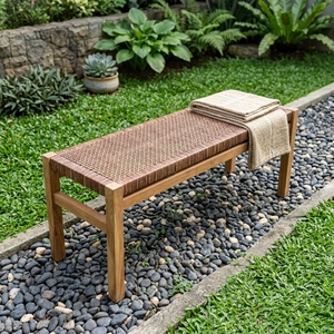 Modern Minimalist Ciaro Wooden <b>Bench</b> Natural Solid Teak Wood Brown Rattan Webbing Comfortable Lightweight & Durable Patio Garden - Product Image 5