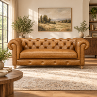 Canapé Chesterfield en cuir véritable trois places, dossier capitonné, accoudoirs roulés, pieds en bois, style traditionnel, canapé de salon, canapé en cuir