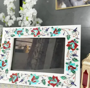 Stone Era Handcrafted <b>White</b> Marble Photo <b>Frame</b> Colorful Floral Inlay Art for Lightweight Decorative Tabletop Home Gift - Product Image 3