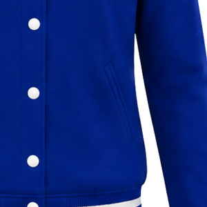 Royal Blue Varsity Letterman <b>Jacket</b> with Gold Greek Letter Embroidery <b>White</b> Striped Ribbed Trim Snap Button Collegiate Team Wear - Product Image 4