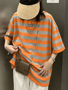 Plus Size Women's <b>Patchwork</b> Anti-Wrinkle O-Neck Pullover Short Sleeve 100% Cotton Casual Summer Knit Tee - Product Image 1