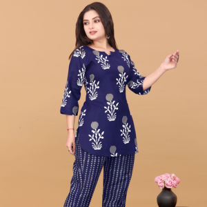 Conjunto de ropa de alta calidad para mujer, azul estampado, conjunto coordinado, sostenible, de poliéster y rayón, cuello redondo, conjunto de dos piezas para estar en casa. - Product Image 1