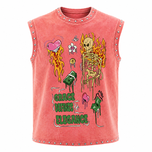 Camisetas sin mangas con estampado digital y pedrería, estilo streetwear, con lavado ácido, para niños, al por mayor - Product Image 5