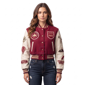 เสื้อแจ็คเก็ตวาร์ซิตี้ทรงครอปสำหรับผู้หญิง แบรนด์ Bomber สไตล์สตรีทแวร์ ดีไซน์หรูหรา ตัวเสื้อทำจากผ้าขนสัตว์ แขนเสื้อทำจากหนัง - Product Image 1