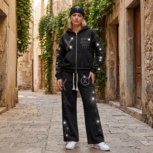 Ensemble sweat à capuche et pantalon de survêtement streetwear personnalisé, vintage, uni, 100% coton French Terry, coupe courte, délavé à l'acide, zippé, effet usé et strass - Product Image 2