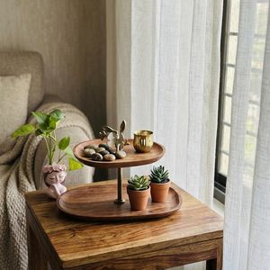 Plateau de service en bois à 2 niveaux résistant à la chaleur, plateau à dessert en bois d'olivier, support de présentation pour collations pour table de fête - Product Image 6