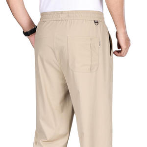 Men's Casual Straight Fit Pants Elastic Waist Drawstring Side Pockets Breathable <b>Polyester</b> Long Trousers Beige Gray Black - Product Image 3