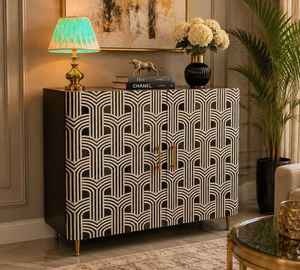Console moderne artisanale en os incrusté, écologique, avec motif géométrique de luxe, meuble de rangement décoratif pour entrée - Product Image 1