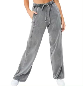 Breathable High Quality Custom Dyed Wide Leg Plus Size Gray <b>Women's</b> Acid Wash <b>Trousers</b> for <b>Women</b> wholesale rate cheap price - Product Image 3
