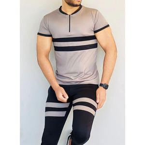 Ensemble Athleisure Rayé pour l'Été : Chemise Demi-Zip et Joggers Slim avec Bandes Contrastantes – Survêtement en Coton pour Homme - Product Image 2