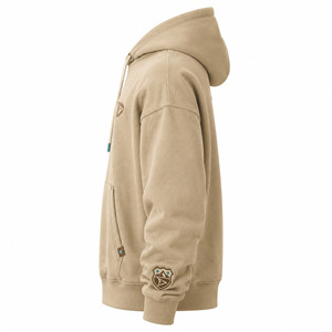 Sudadera con capucha de forro polar beige para hombre con logo en relieve y bolsillo frontal, corte regular, estilo casual para otoño. - Product Image 3