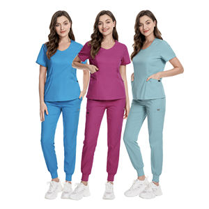 Cross-border Minimalist Breathable Short Dobby Fabric <b>Scrub</b> Suits Sets New Simple Wash Polyester Unisex Lapel <b>Brush</b> Hospital - Product Image 1