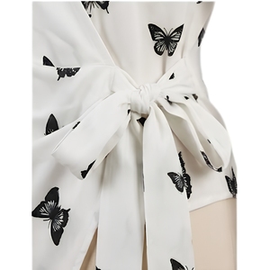 Butterfly Print Wrap <b>Blouse</b> Long Sleeve V-Neck White Women's Top - Product Image 6