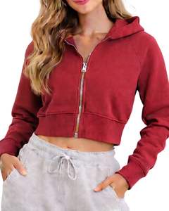 Customized Womens Cropped Zip Up <b>Hoodie</b> Long Sleeve Casual Sweatshirt Soft Fleece Streetwear Wine <b>Red</b> Color Autumn Winter Wear - Product Image 1