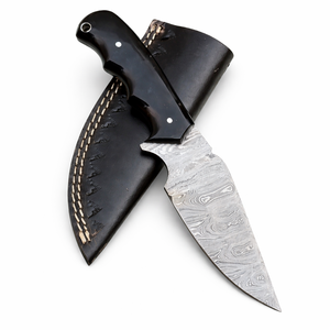 Couteau de chasse artisanal Edge Master, fabrication DIY, lame en acier Damas, manche en corne noire, étui en cuir (ODM) - Product Image 1