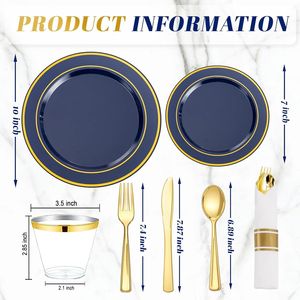 Kit di Articoli per Feste Usa e Getta Blu Navy e Oro, 350 Pezzi, Include Piatti da Cena da 25 cm, Piatti da Dessert da 18 cm, Bicchieri Dorati da 270 ml Pre-Arrotolati - Product Image 3