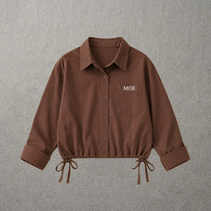 Custom Ladies Cropped Drawstring women's shirt Adjustable Hem Shirt Utility Inspired Casual <b>Top</b> Relaxed Fit Fashion Button Down - Product Image 3