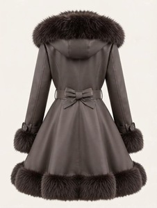 Women Fur Collar <b>Leather</b> Look Winter <b>Coat</b> Belted Long Jacket Rabbit Fur Trimmed Overcoat - Product Image 4