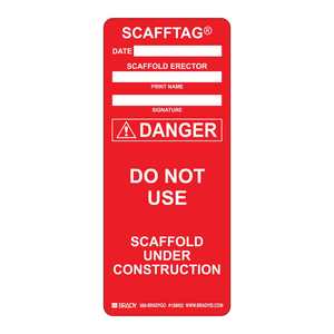 แผ่นเตือนความปลอดภัยสำหรับนั่งร้านแบบยืดหยุ่น Brady SCAFFTAG ห้ามใช้ในพื้นที่อันตราย พร้อมช่องสำหรับลงวันที่และรายละเอียดผู้ติดตั้ง สำหรับใช้ในสถานที่ก่อสร้าง - Product Image 1