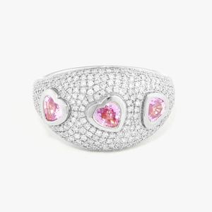 Anillo de Zafiro Rosa con Corte Corazón, Pavé de Diamantes Redondos Cultivados en Laboratorio, Solitario, Media Eternidad, Cúpula, Lujoso y Elegante, para Cóctel, Oro Sólido de 14K y 18K - Product Image 4