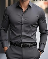 Chemise habillée grise extensible pour homme, manches longues, col rabattu, couleur unie, anti-plis, boutonnée