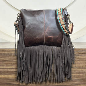 Hot Selling Trendy Bohemian Style Hand Tooled Genuine Cowhide Hair-on Leather Crossbody Fringe Bag Designer Shoulder Sling Bag - Product Image 5