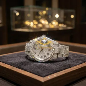 Montre en or blanc plaqué moissanite, bracelet en acier inoxydable, cadran rond à quartz, verre saphir, unisexe, luxe, hip hop - Product Image 6