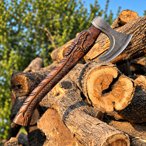 High Quality Hand Engraved Viking Axes Stainless Steel Blade Pick Head Axe Fish Carved Runes Rose Wood Handle Hunting Axe - Product Image 1