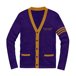 OEM Custom Winter Purple Gold Contrast Trim Knit <b>Cardigan</b> Unisex V Neck Stripe Sleeve Front Logo Preppy Varsity Sweater - Product Image 1