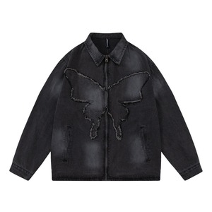 Chaqueta de mezclilla para hombre con cuello vuelto, cierre de cremallera, diseño de mariposa desgastado, estilo urbano, ropa de abrigo de otoño - Product Image 1