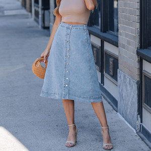 Women's Denim Skirt A-Line Maxi High Waist Stonewashed Cotton Casual Summer Skirt with Ruffles Loose Fit Solid Color - Product Image 3