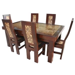 Ensemble de salle à manger moderne, table rectangulaire et 6 chaises, aspect grain de bois, incrustation en pierre, meubles pour la maison - Product Image 1