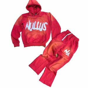 <b>Red</b> Unisex Streetwear Tracksuit Set Hooded Full Sleeve Letter Print Sweatshirt and <b>Flared</b> Pants Loose Fit Autumn Wear - Product Image 5