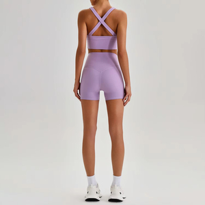 Ensemble de sport pour femme : soutien-gorge bleu clair uni et short taille haute, dos ajouré, sans couture, respirant, en Spandex et Polyester, pour l'entraînement - Product Image 2